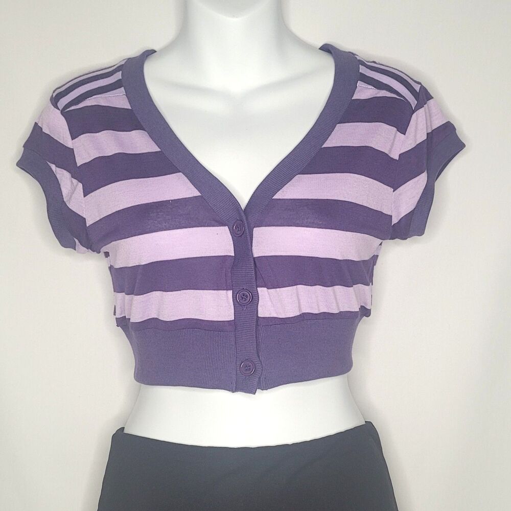 C'ESTTOI USA Purple Striped Short Sleeve Cropped V-Neck Cardigan Sweater Top L